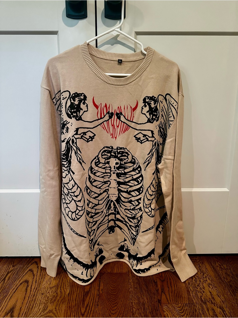 Metal band - Beige Skeleton & Angel Graphic Sweater with Red Heart Detail